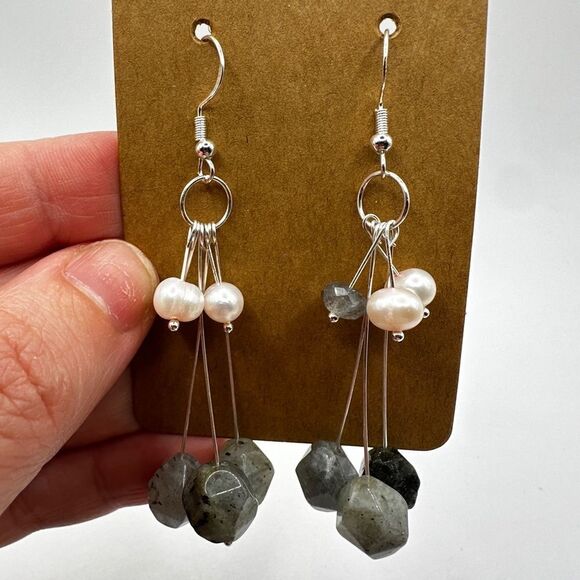 3" long faceted labradorite beads with freshwater pearls dangle earrings! - Picture 1 of 12